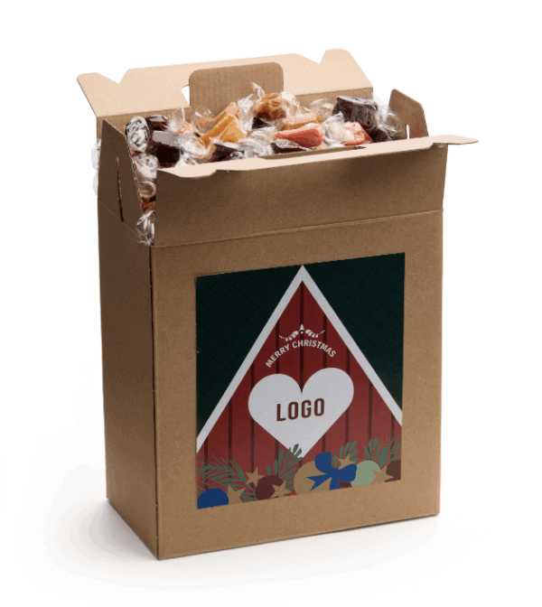 Christmas box med handtag med Mora motiv fylld avjulkola
