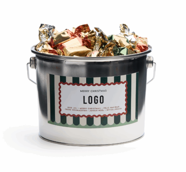 Christmas bucket med carnival motiv fylld av italienska praliner