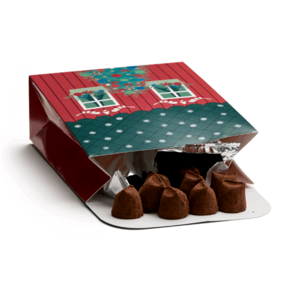 Christmas giftbag 200g med Mora motiv fylld med chokladtryfflar