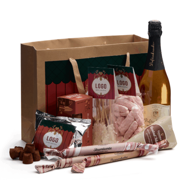 Christmas stor giftbag med Mora motiv (Mousserande juldryck på 75cl, 250g julskum med ryttare, 8 st candypinnar med ryttare, 150g pepparkakor, 200g chokladtryfflar,100g rstade mandlar och 3st polkastänger med julsmak)