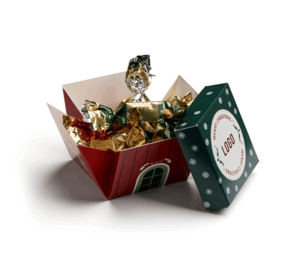 Chriistmas cube box med Mora motiv fylld av italienska praliner
