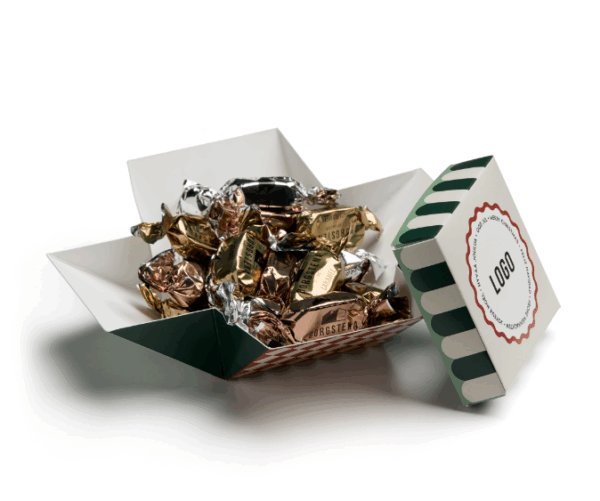 Christmas cube box med carnival motiv fylld med Borgstenas chokladmix